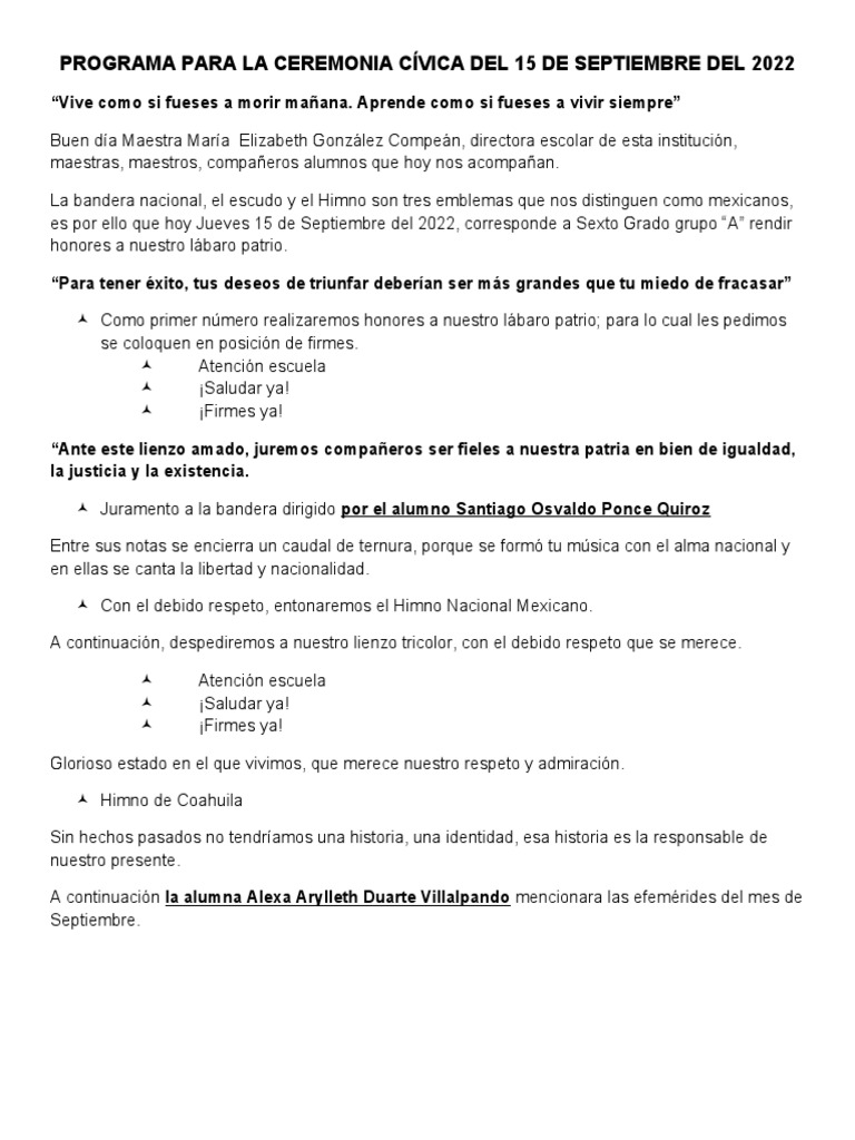 PROGRAMA PARA LA CEREMONIA CÍVICA DEL 15 DE SEPTIEMBRE DEL 2022 Final | PDF