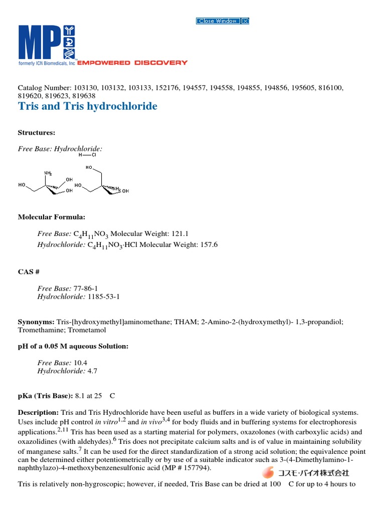 Tris and Tris Hydrochloride Overview | PDF | Ph | Hydrochloric Acid