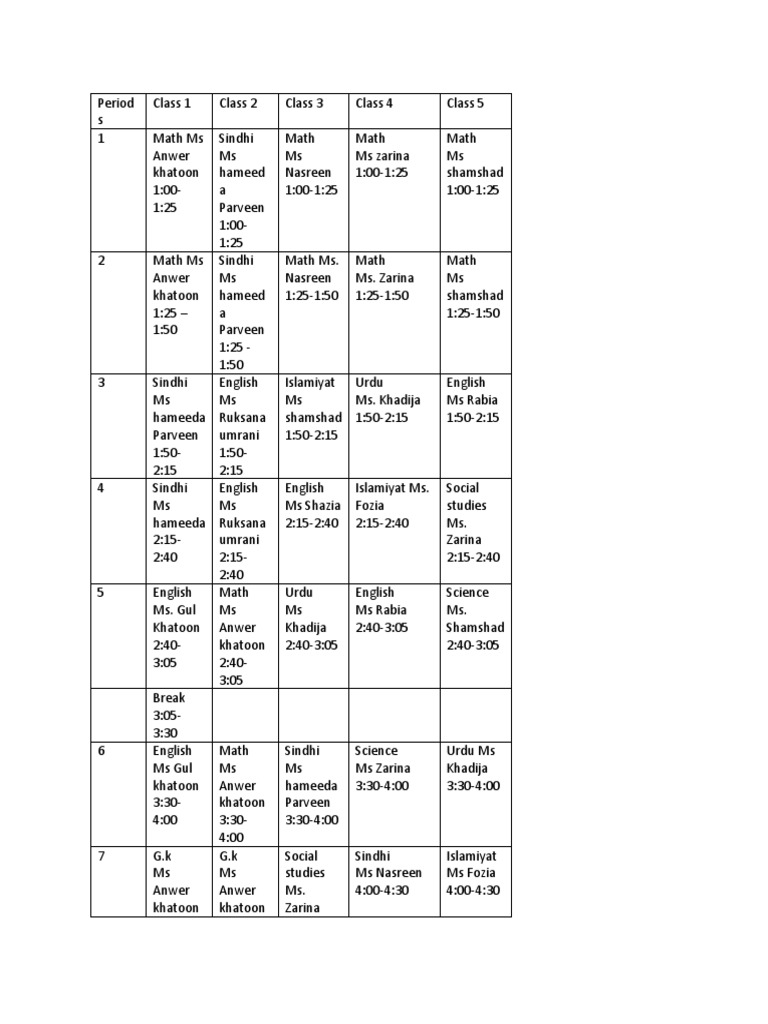 Pre Primary Time Table Pdf