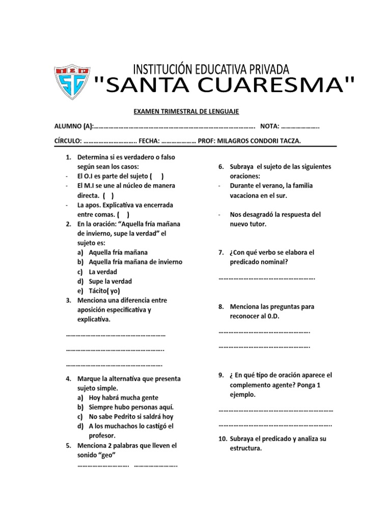 Examen Trimestral de Lenguaje 2023 | PDF | Juegos y actividades | Artes ...
