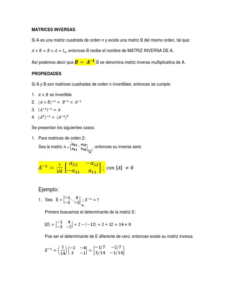 Matrices Inversas: Definición y Ejemplos | PDF | Matriz (Matemáticas ...