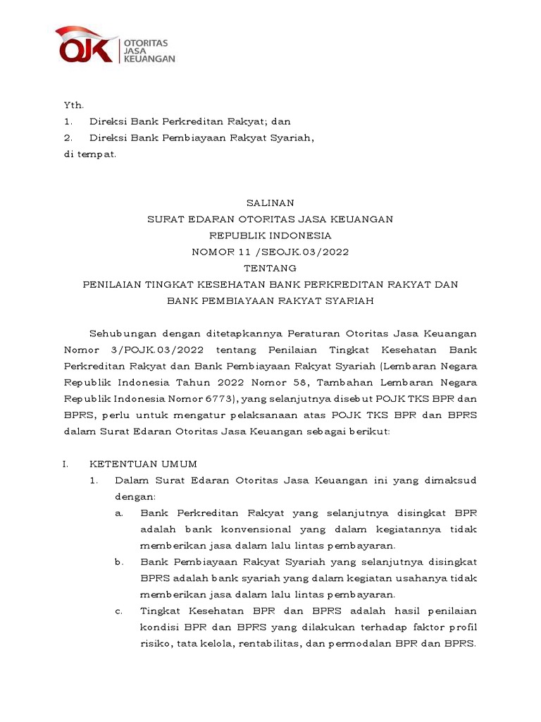 SEOJK 2022-11 - Penilaian Tingkat Kesehatan BPR | PDF