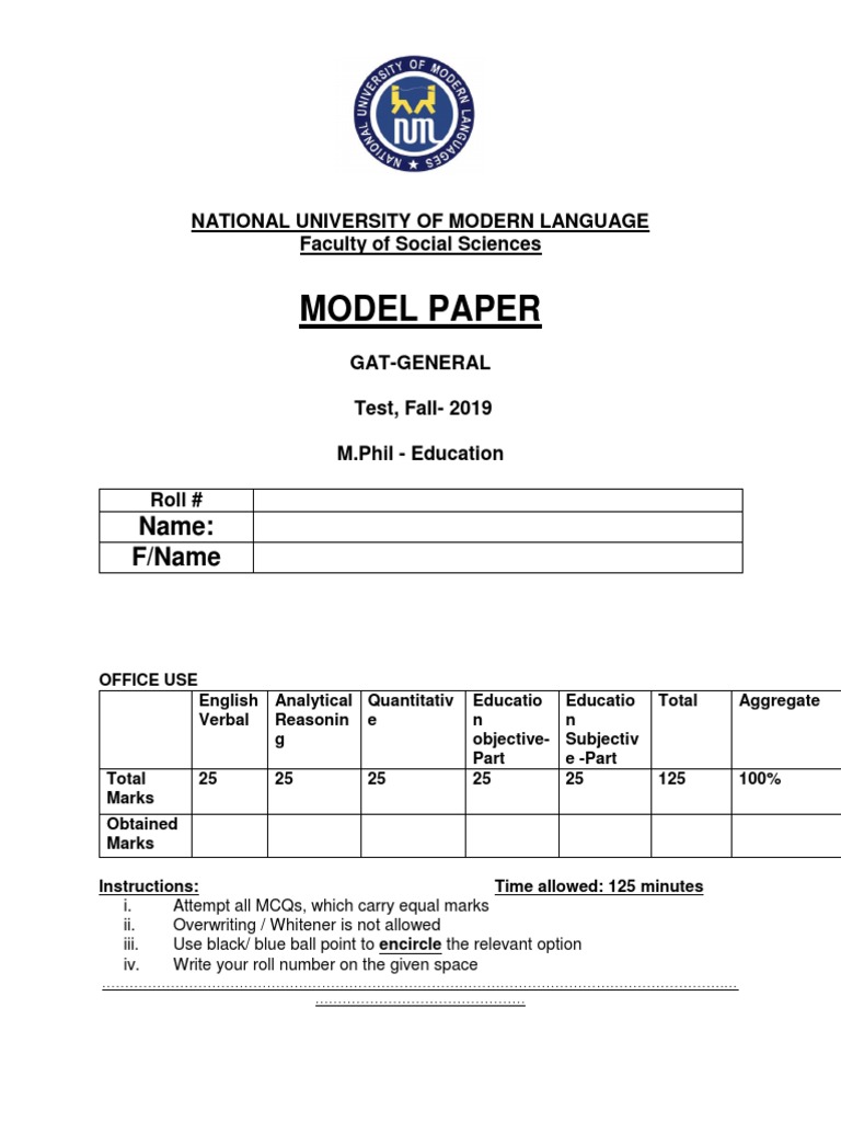 GAT-General Model Paper for M.Phil Education | PDF | Cognition ...