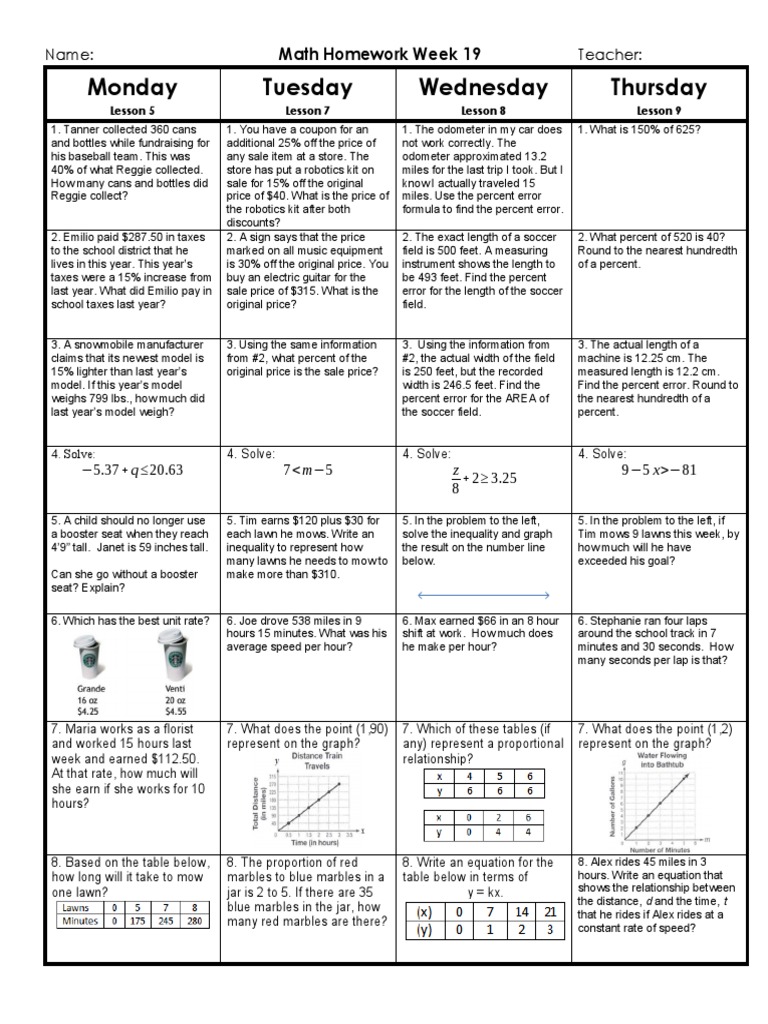 Math Homework Week 19 Assignments | PDF