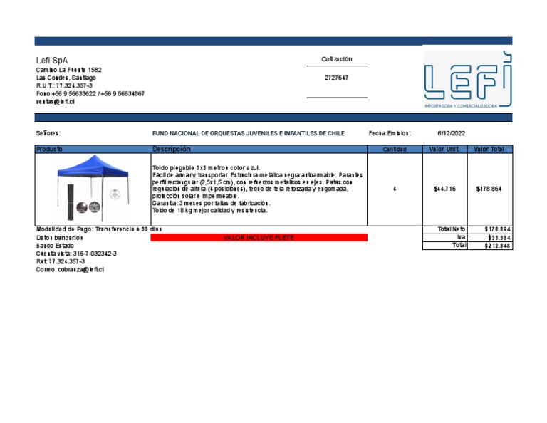 Cotización Toldo Plegable Lefi SpA | PDF