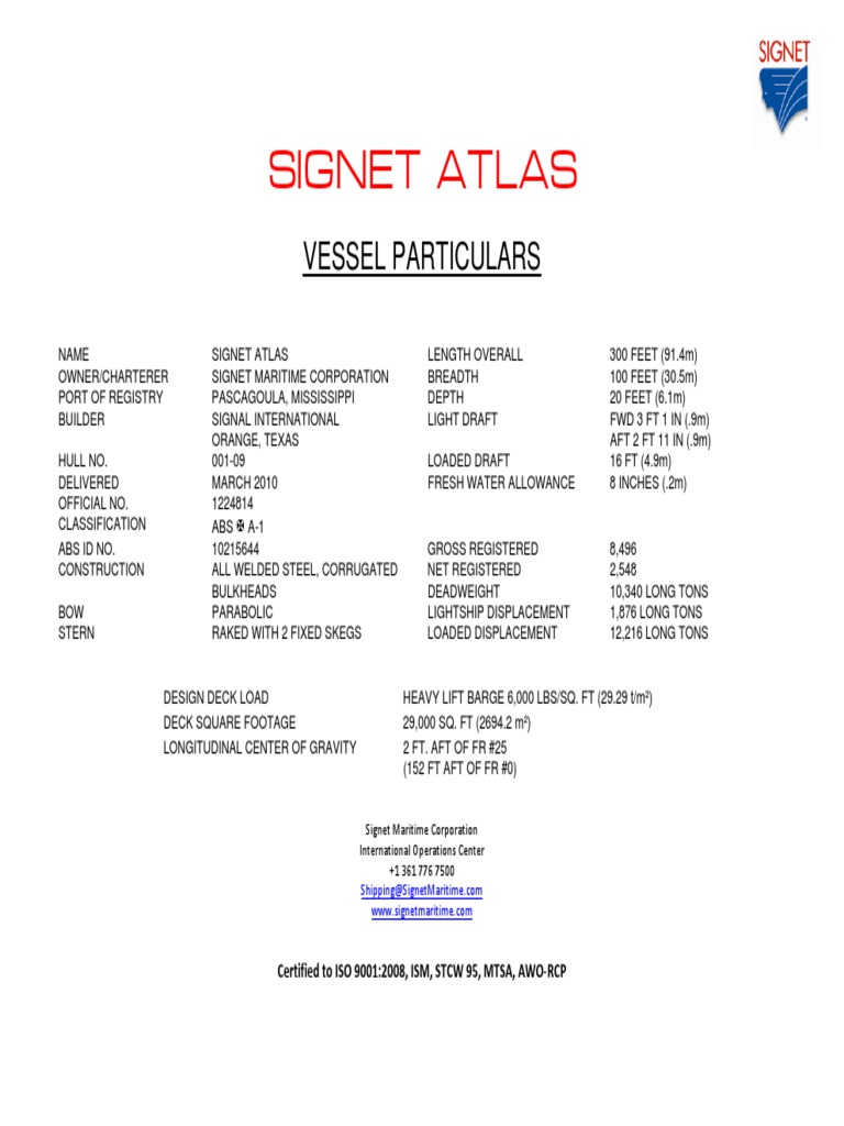 Signet Atlas Vessel Specifications | PDF | Hull (Watercraft) | Ships