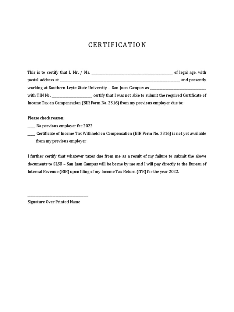 Certification non submission of 2316 pdf