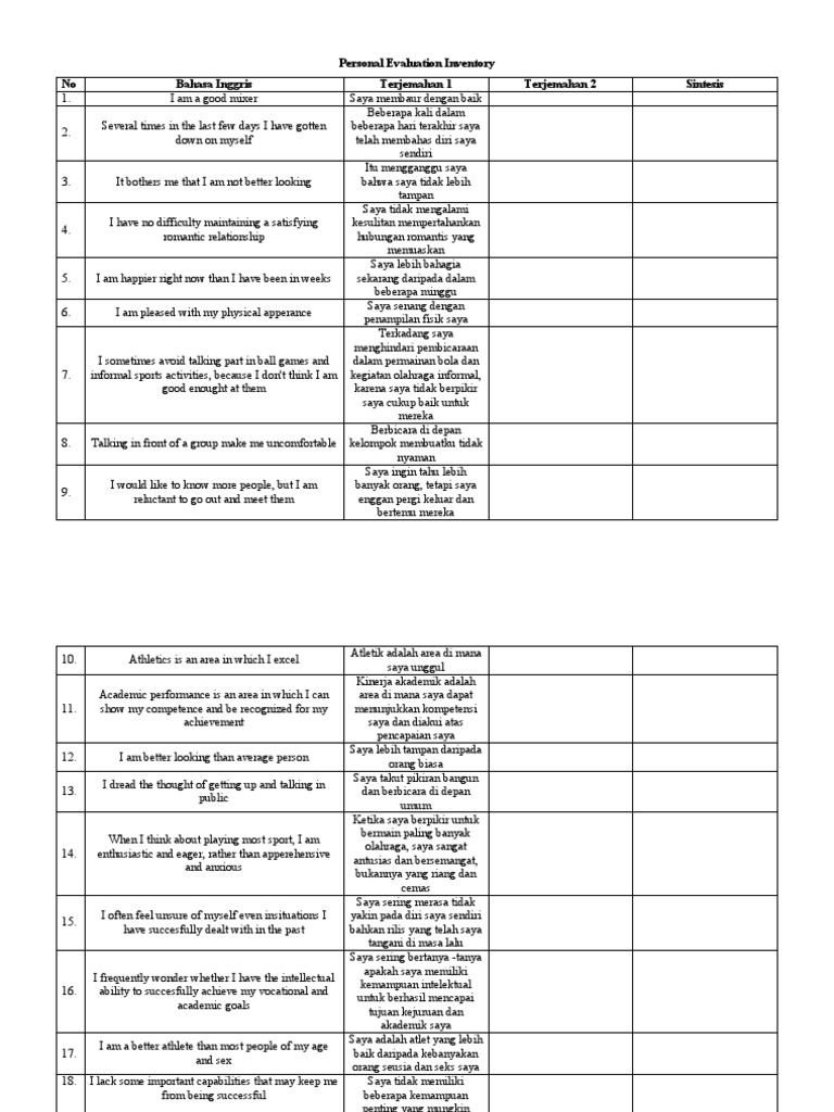 Personal Evaluation Inventory & Greek Body-Self Relations Questionnaire ...
