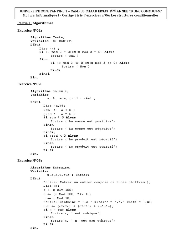 Exercices sur les algorithmes et C | PDF
