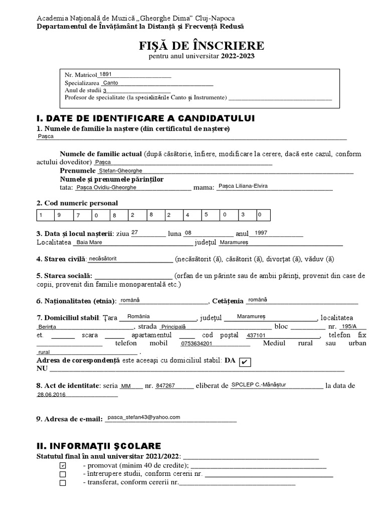 Fisa de Inscriere Pașca-Ștefan-Gheorghe | PDF
