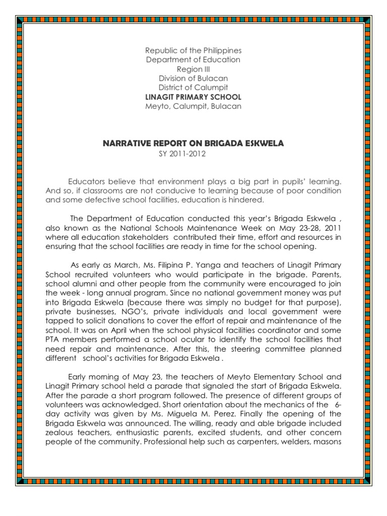 Narrative Report on Brigada Eskwela Classroom Volunteering