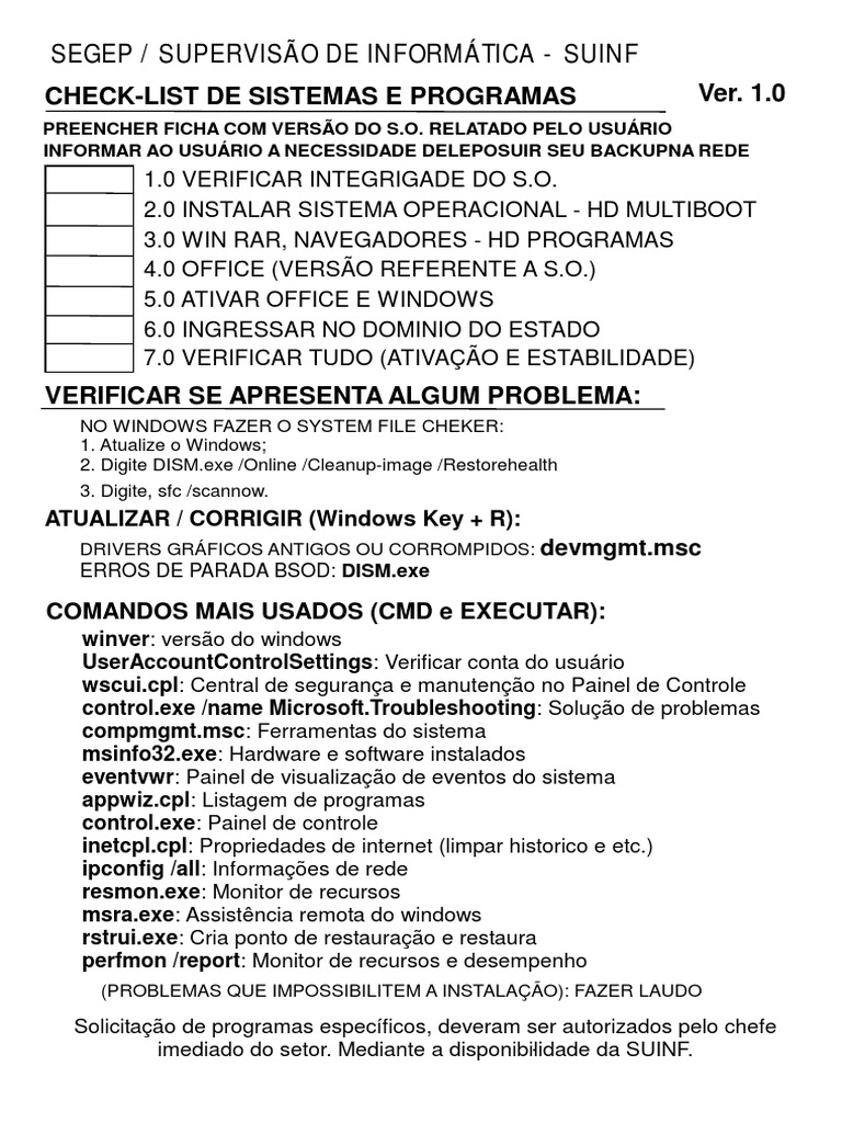 Checklist Sistemas Operacionais | PDF