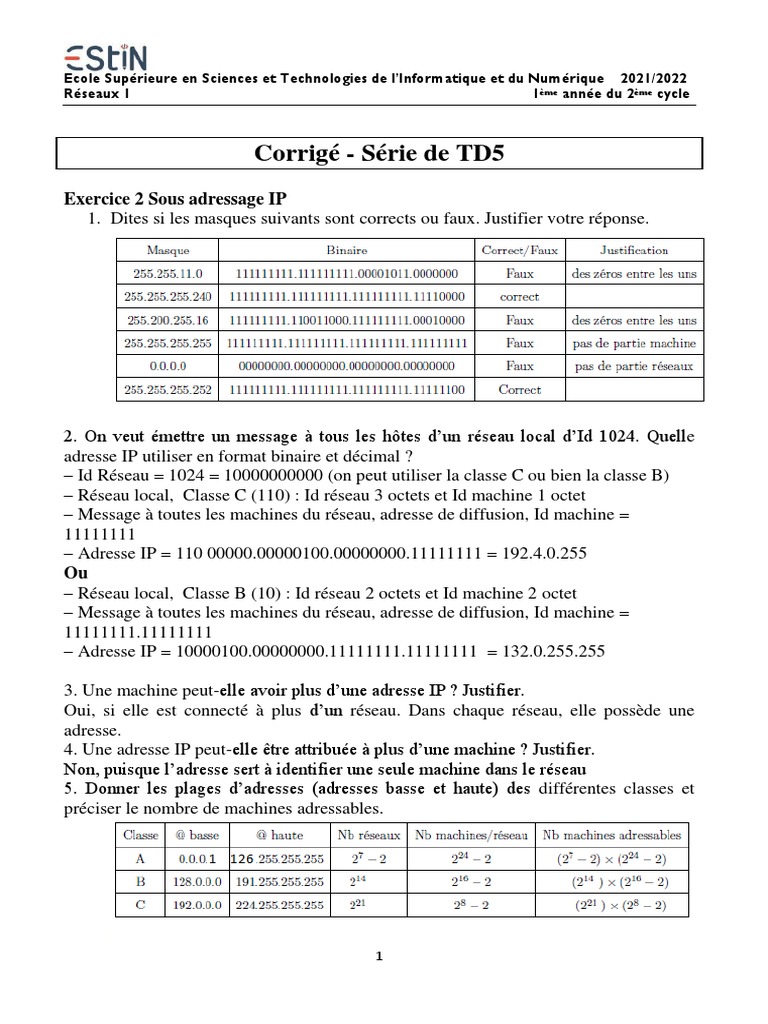 Corrigé Série de TD5 (Ex2-Ex06) | PDF | Adresse IP | Ingénierie ...