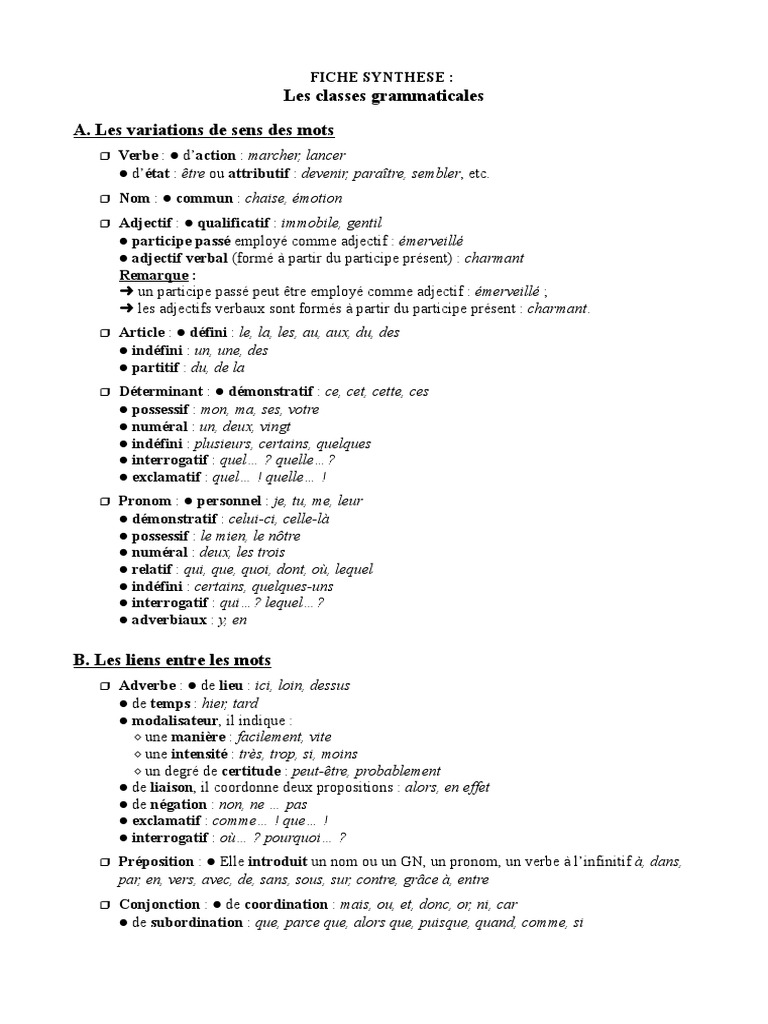 Synthèse Classes Grammaticales 3e | PDF | Clause | Unités sémantiques