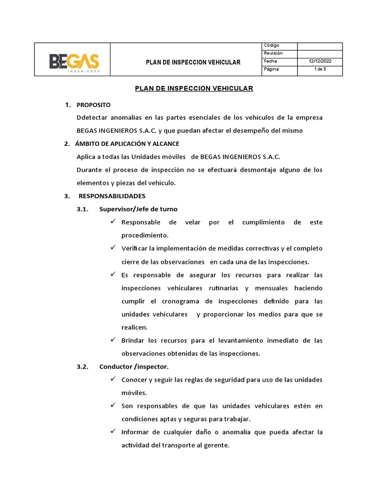 Plan de Inspeccion Vehicular | PDF | Tecnologías automotrices | Vehículos
