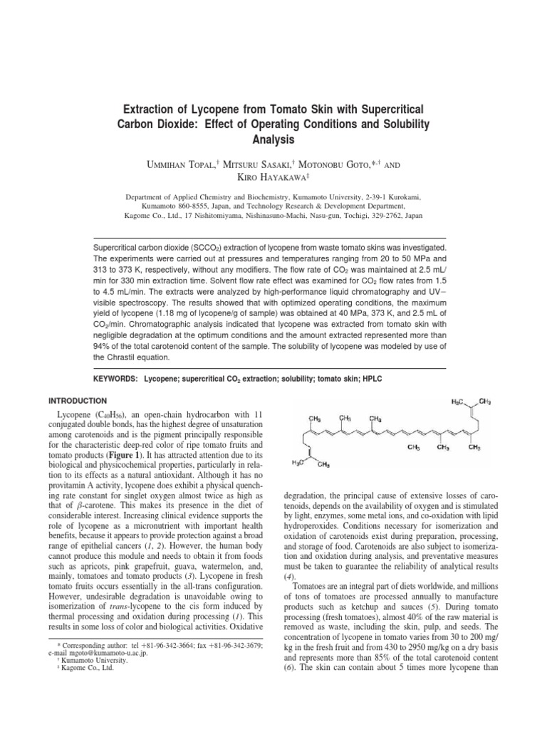Extraction of Lycopene From Tomato Skin PDF Supercritical Fluid