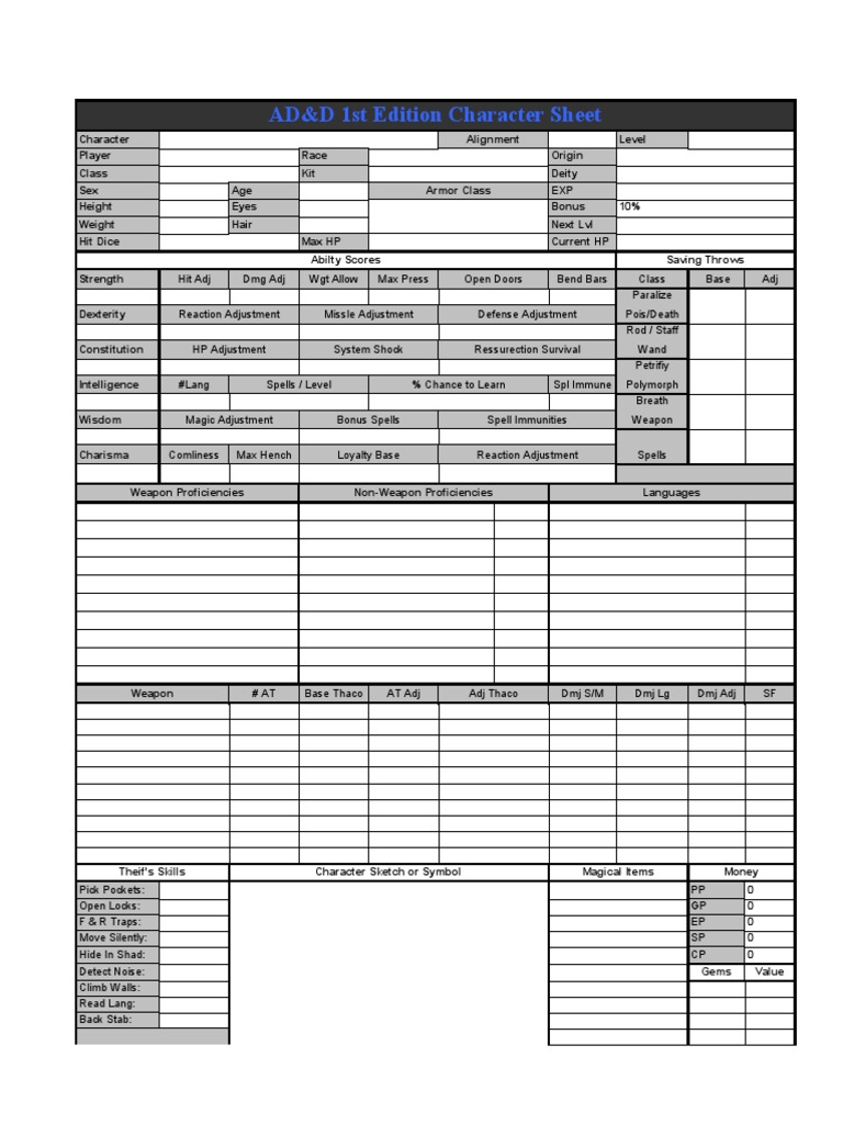 Character Sheet 1ed | PDF | Role Playing Games