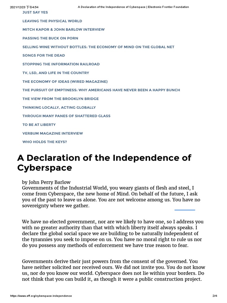 A Declaration of The Independence of Cyberspace Electronic Frontier