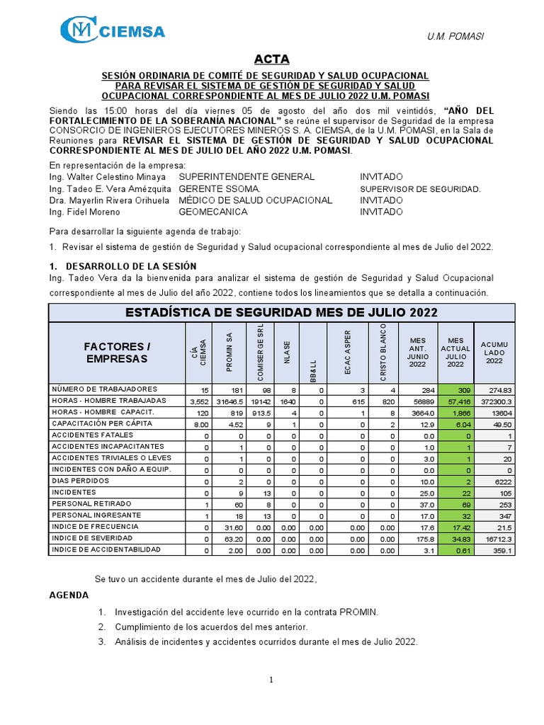 Acta de Seguridad y Salud Ocupacional julio 2022 | PDF | Ciencias de la ...