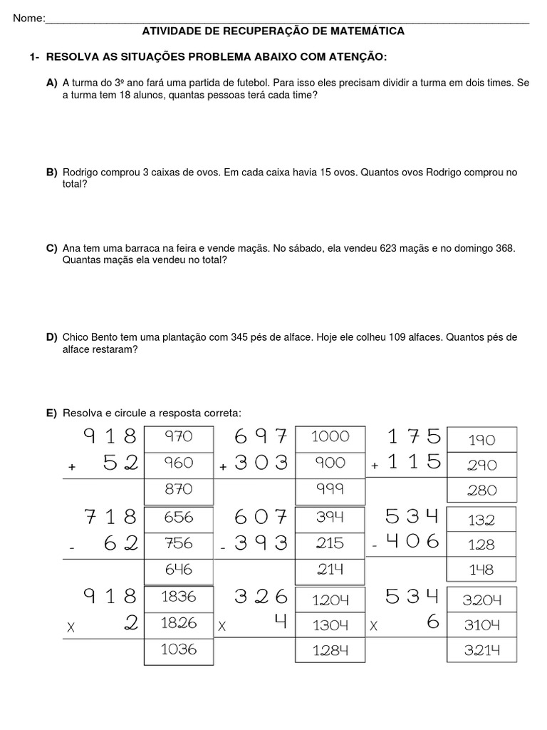 Atividade de Recuperação Matematica | PDF