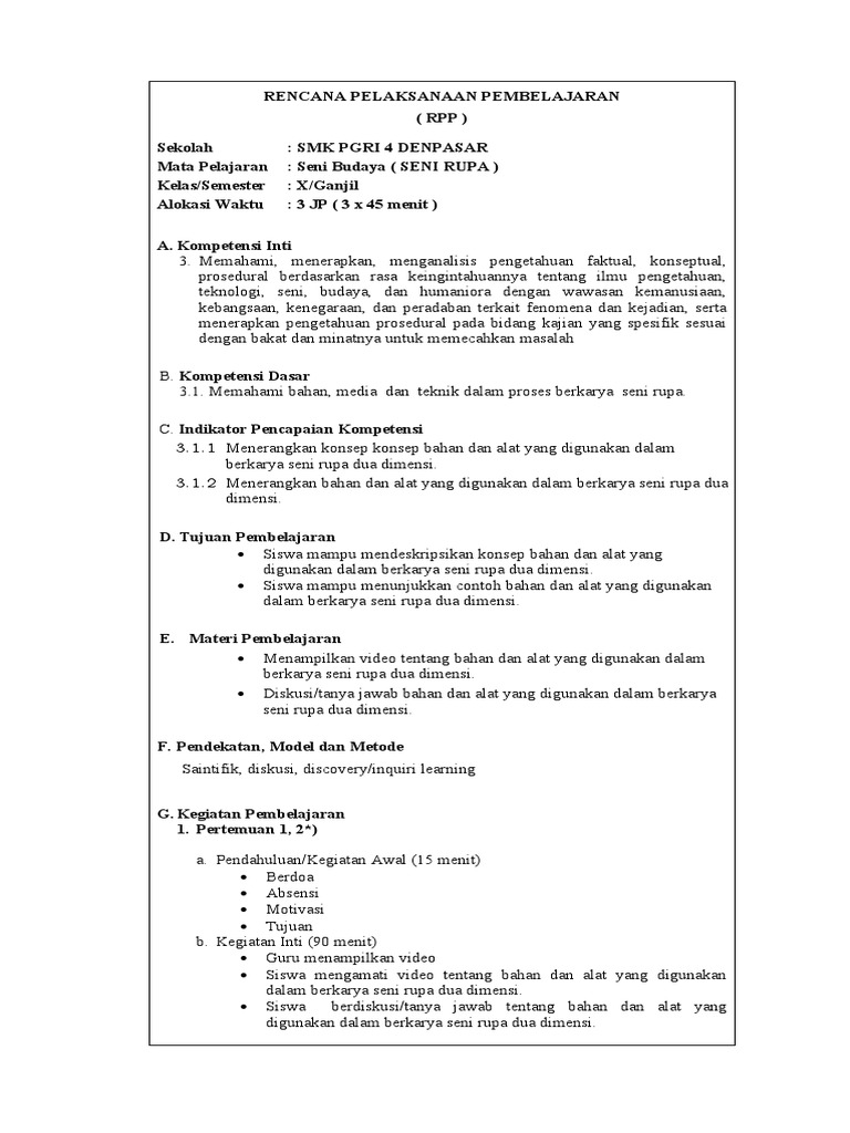 RPP Seni Rupa Kelas X: Bahan & Alat | PDF