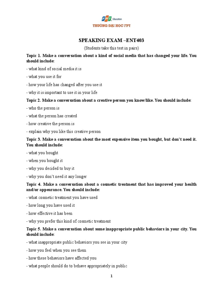 Speaking Exam Topics for ENT403 | PDF | Cognition | Cognitive Science