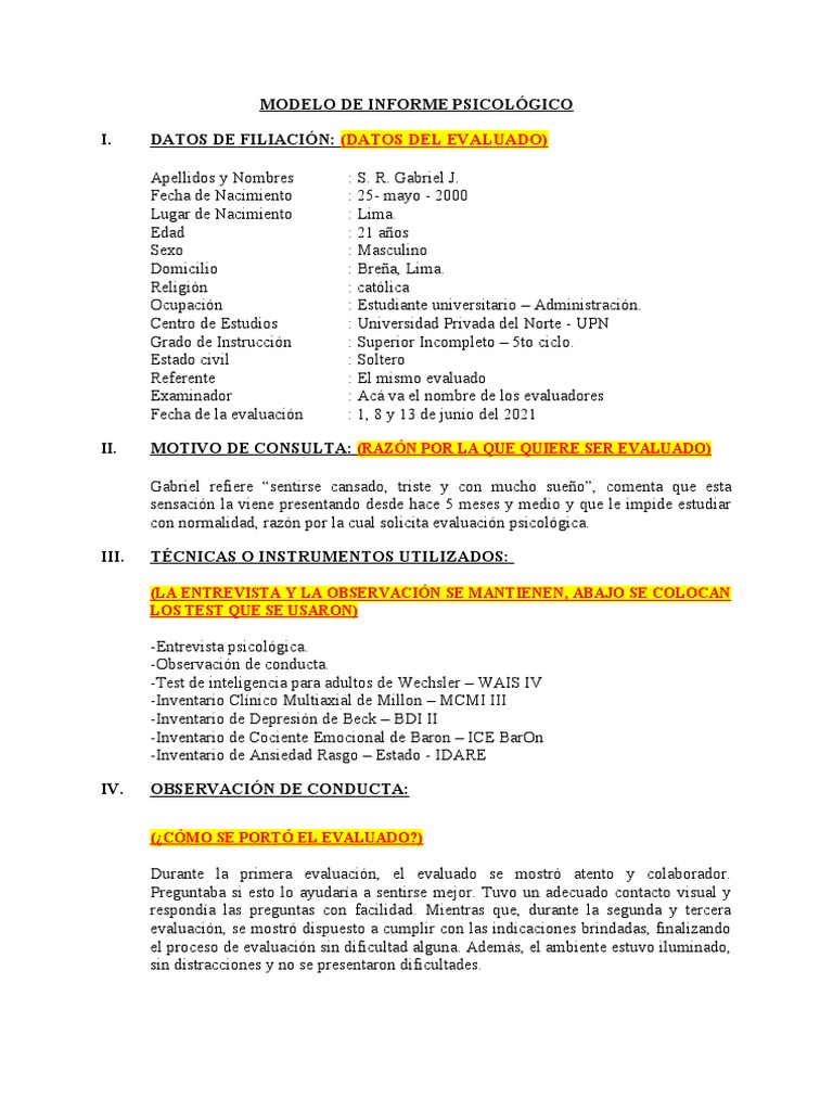 Informe Psicológico: Ansiedad y Depresión | PDF | Las emociones ...