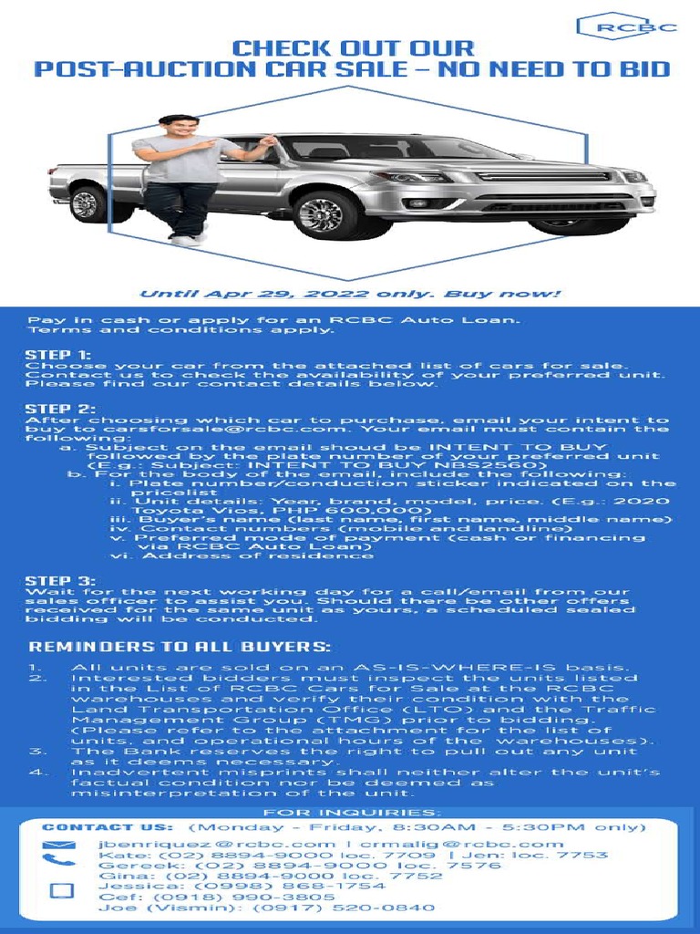RCBC List of Cars For Sale As of April 29, 2022 (No Bidding) PDF