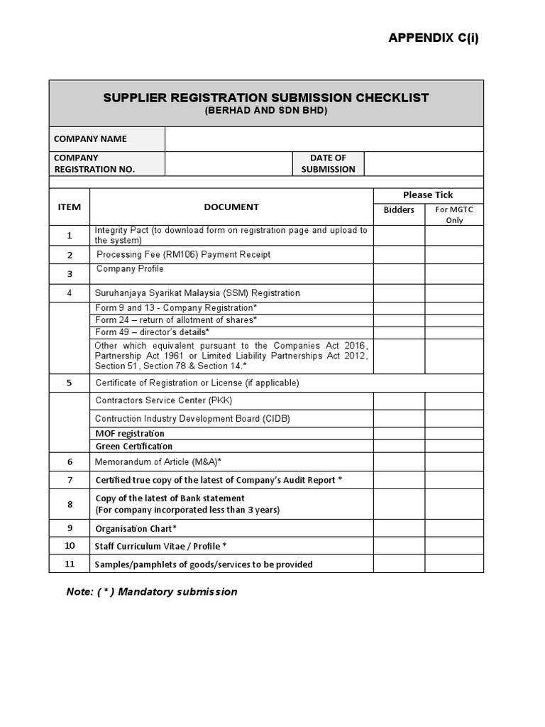 Supplier Registration Submission Checklist | PDF | Business ...