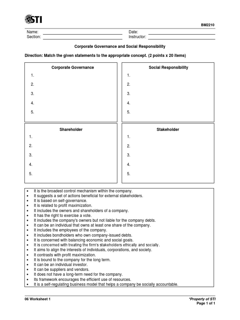 06 Worksheet 1 PDF Corporate Governance Governance