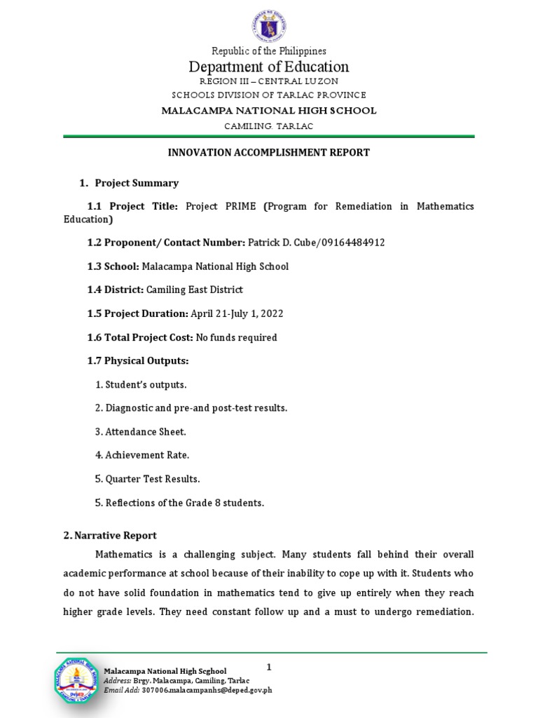 Project PRIME: Math Remediation Report | PDF | Wellness
