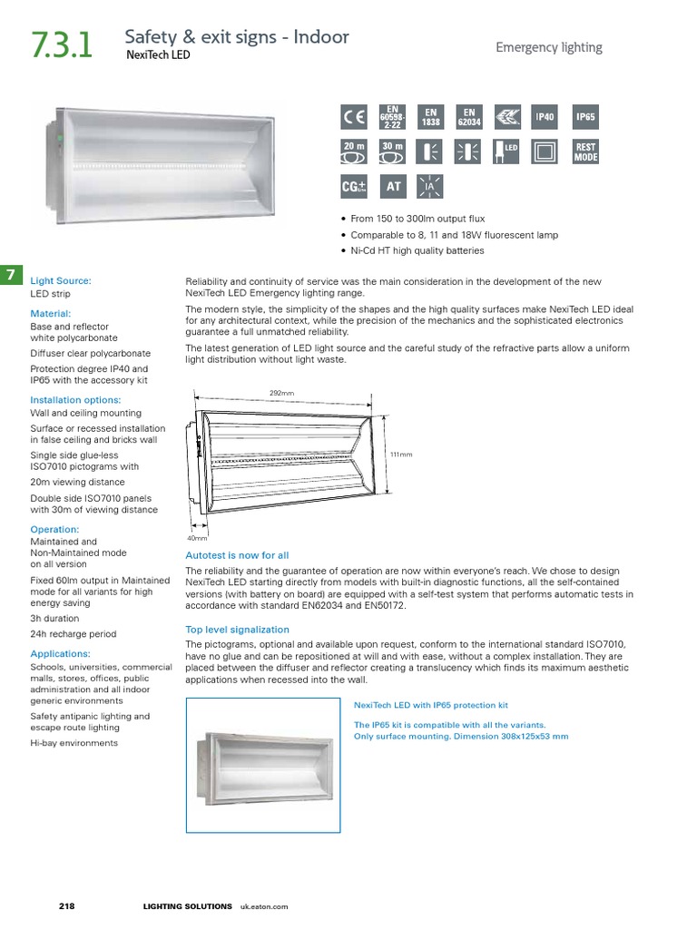 Eaton Emergency Lighting Self Contained Exit Safety Nexitech Datasheet en Uk PDF Lighting