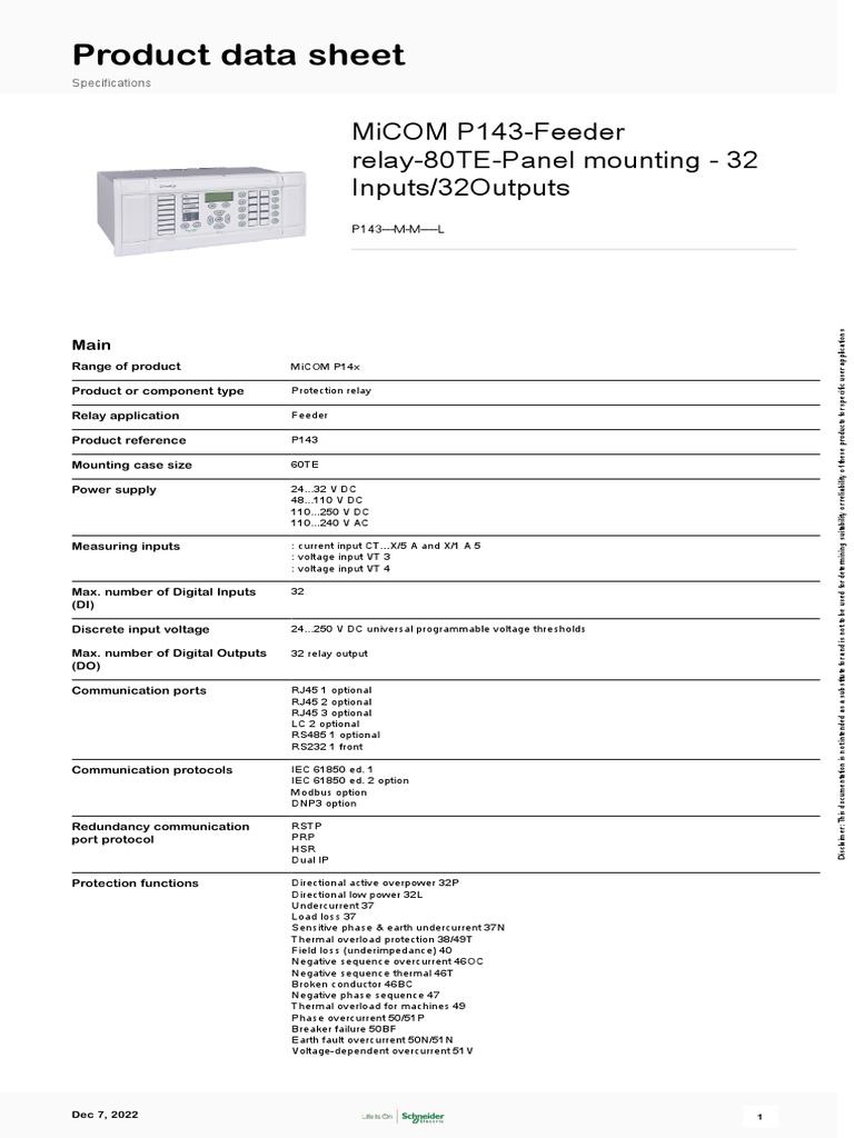 MiCOM P143 Feeder Relay Specifications | PDF | Power Supply ...