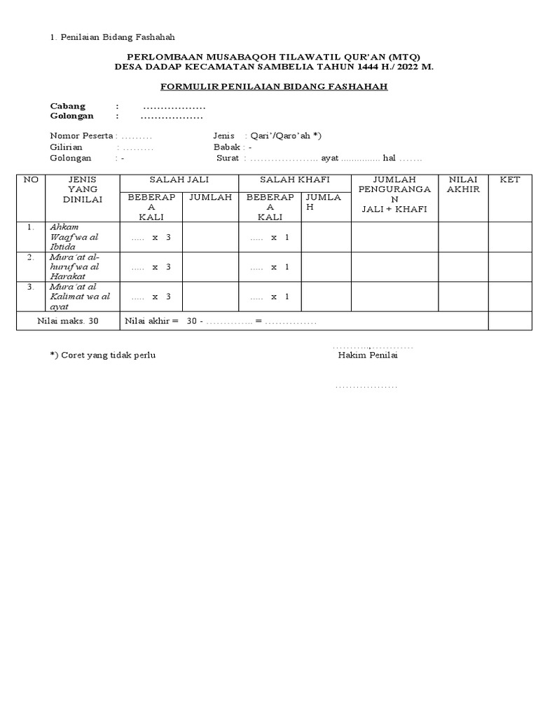 Format Penilaian MTQ 2022 | PDF