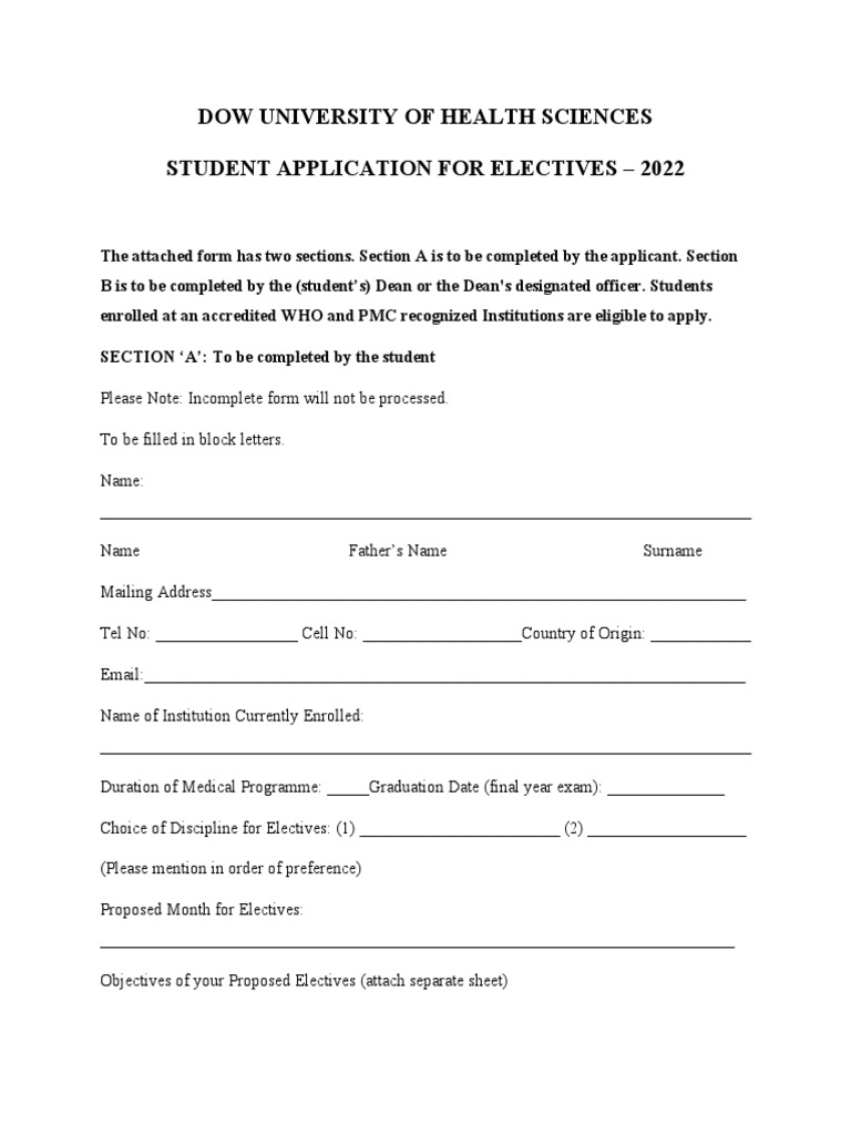 Application for Elective Rotations at Dow University of Health Sciences
