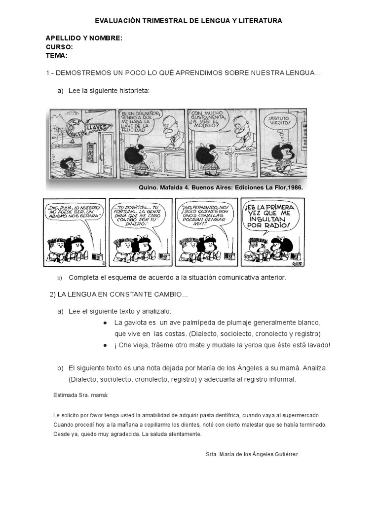 Evaluación Trimestral de Lengua y Literatura | PDF