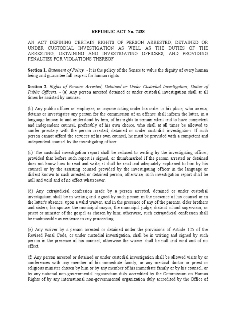 Rights of Arrested Persons in RA 7438 | PDF | Detention (Imprisonment ...