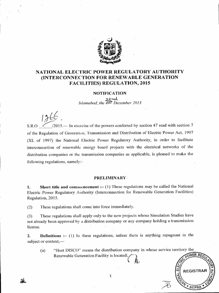 NEPRA Interconnection For Renewable Generation Facilities PDF