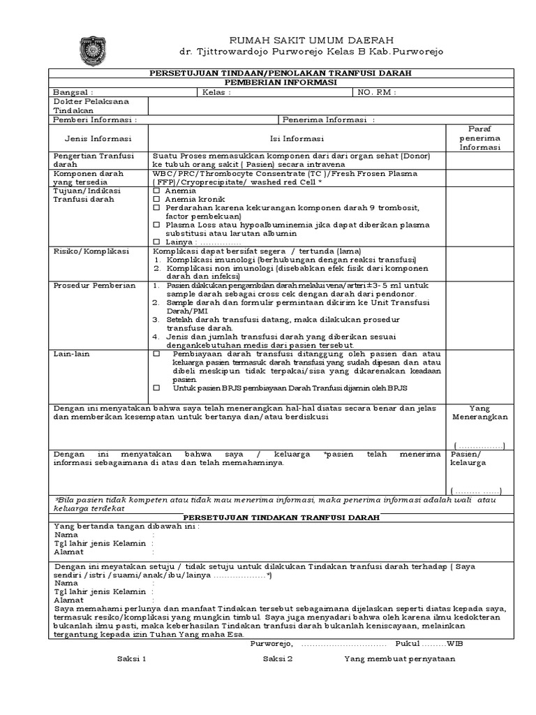 Informed Consent for Blood Transfusion | PDF