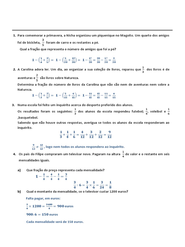 Ficha Matemática 7 Ano Problemas Expressoes Numericas Solucoes | PDF