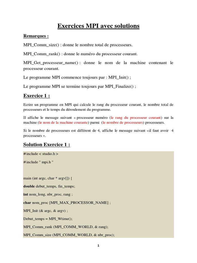 Exercices MPI avec solutions détaillées | PDF | Architecture ...