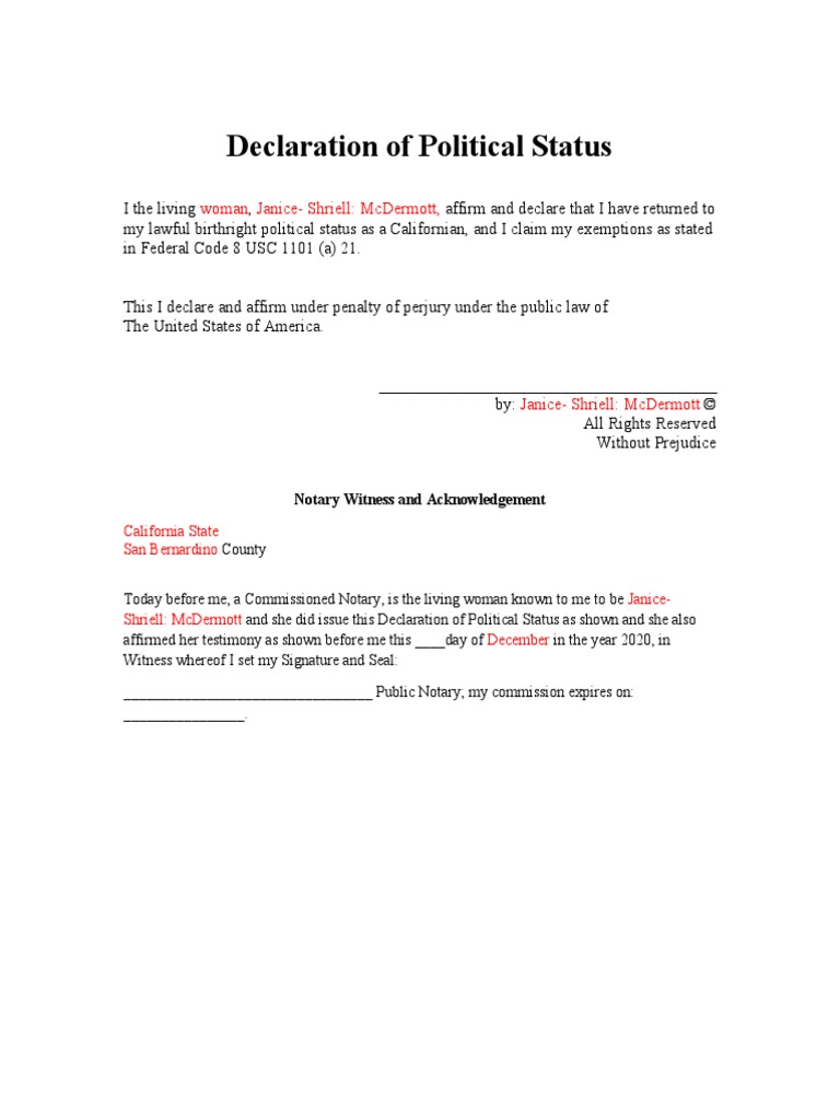 Declaration of Political Status SSNotary (MASTER) PDF