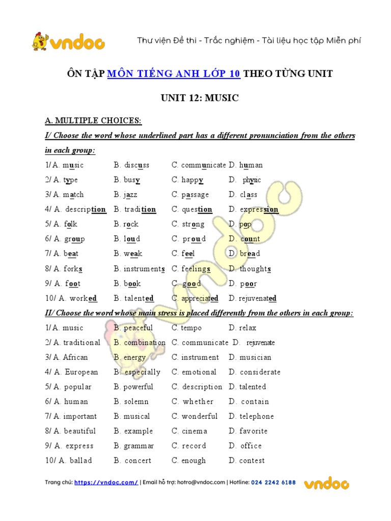 Bai Tap Tieng Anh Lop 10 Unit 12 Music | PDF | Sound | Songs