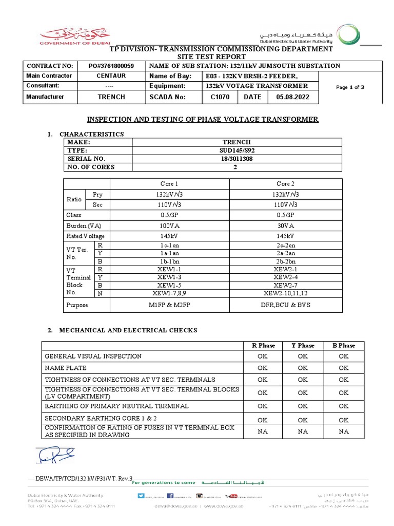 132kV Voltage Transformer Test Report | PDF | Transformer | Electrical ...