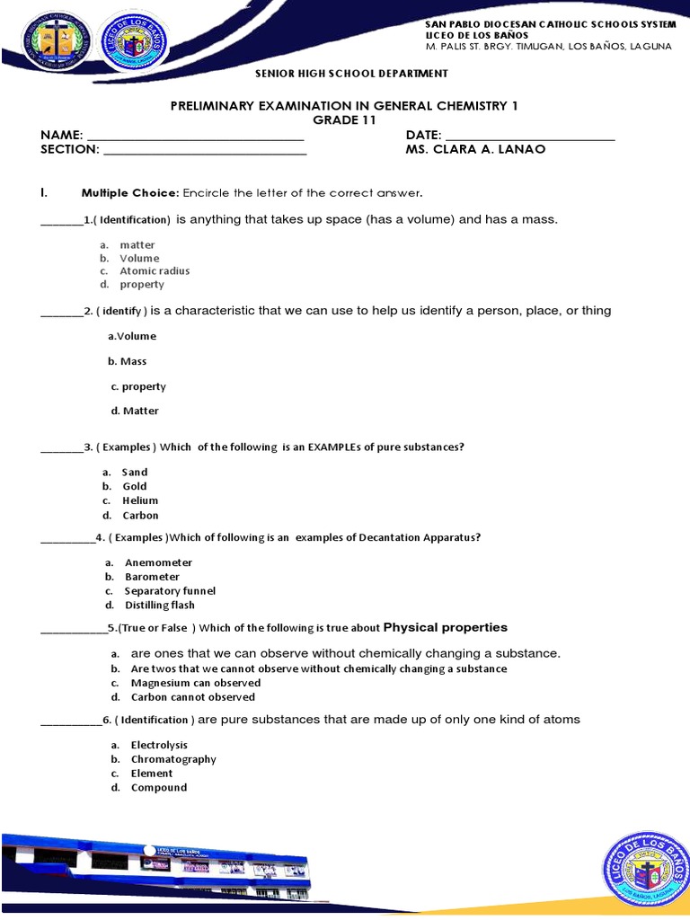Grade 11 General Chemistry Exam | PDF | Chemical Substances | Mixture