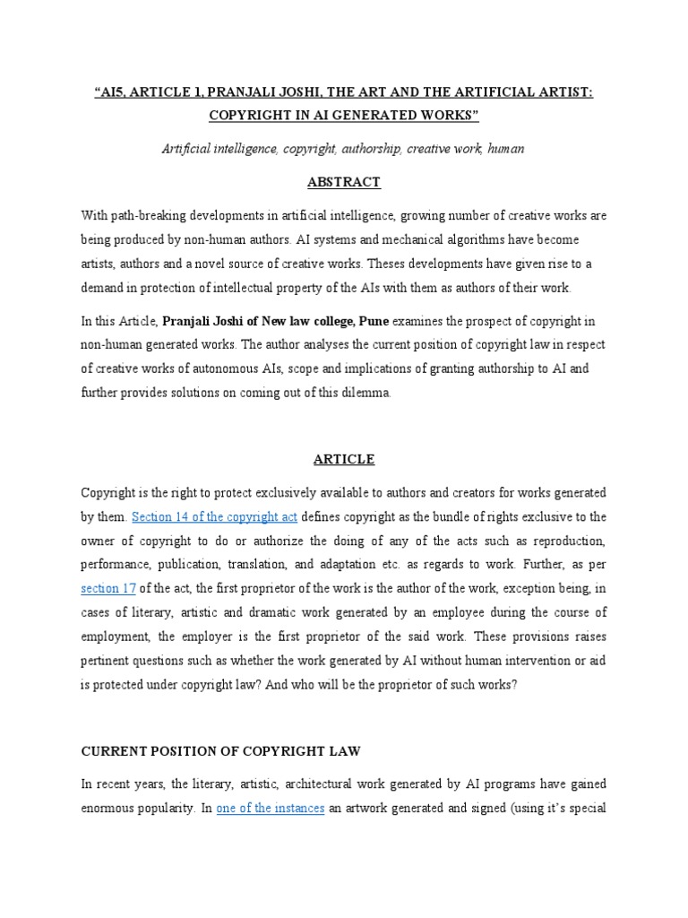 The Art And The Artificial Artist Copyright In Ai Generated Works