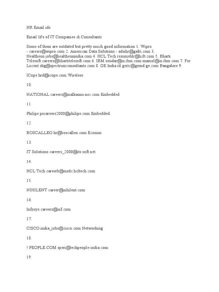 HR Email Id It PDF Information Technology Companies Of The United