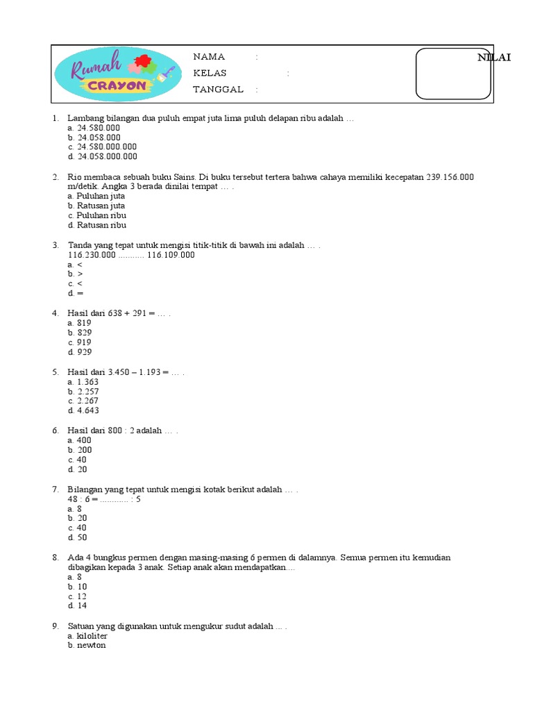 Soal Tes Matematika Kelas 4 Pdf