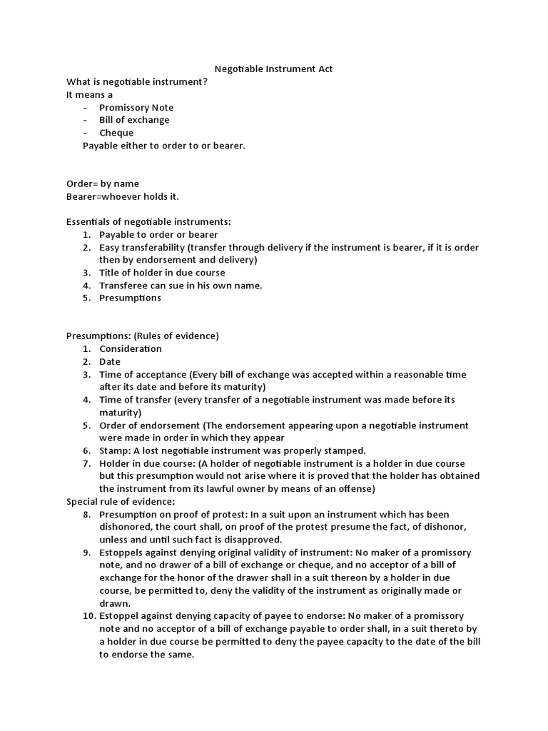 Overview of Negotiable Instruments | PDF | Negotiable Instrument ...