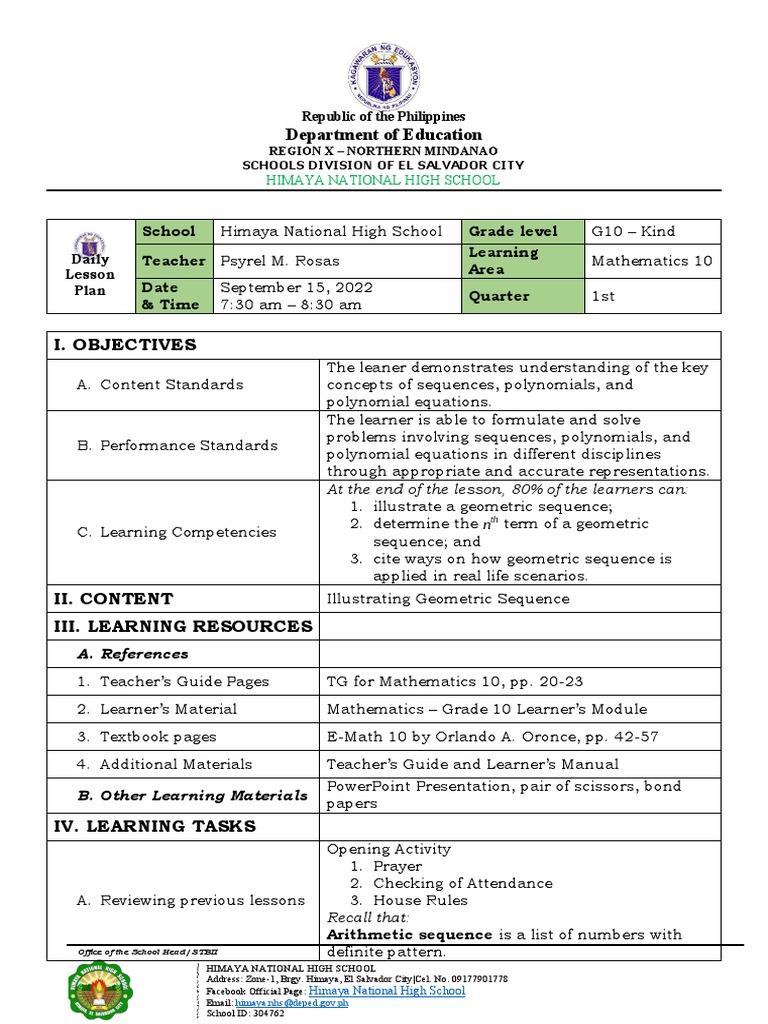 COT1 - Geometric Sequence (A4) | PDF | Learning | Sequence